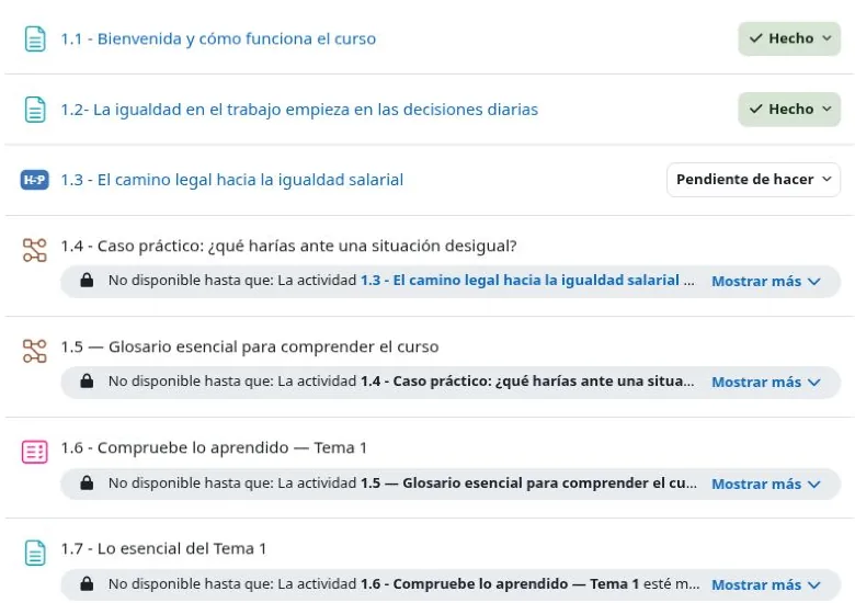 Lista de actividades del Tema 1 con los estados Hecho, Pendiente de hacer y actividades bloqueadas hasta completar la anterior
