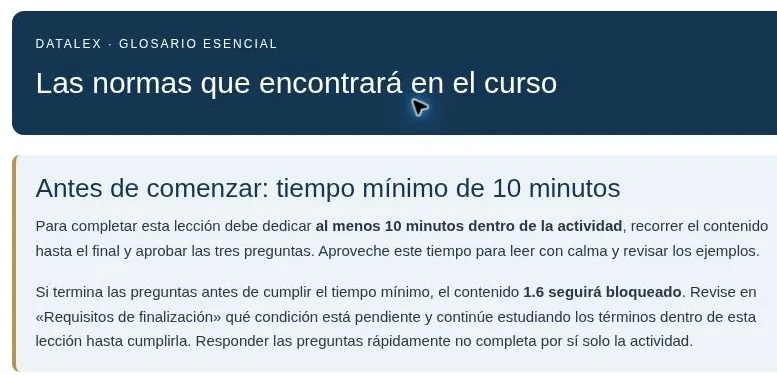 Aviso de tiempo mínimo de 10 minutos en el glosario del curso, con recorrido completo y aprobación de las preguntas