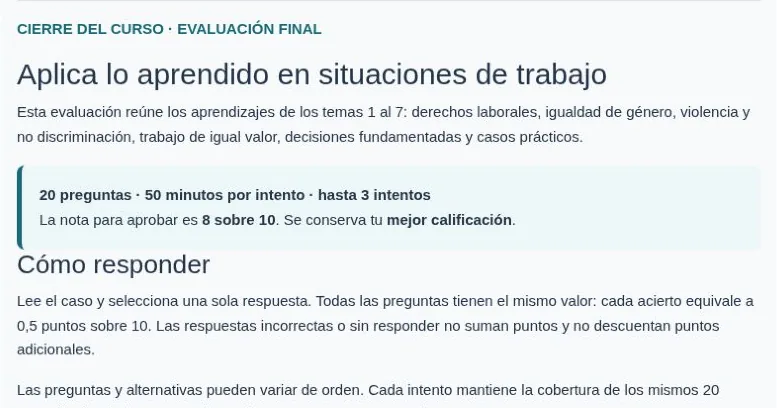 Pantalla de la evaluación final: 20 preguntas, 50 minutos por intento, hasta 3 intentos, aprobación con 8 sobre 10