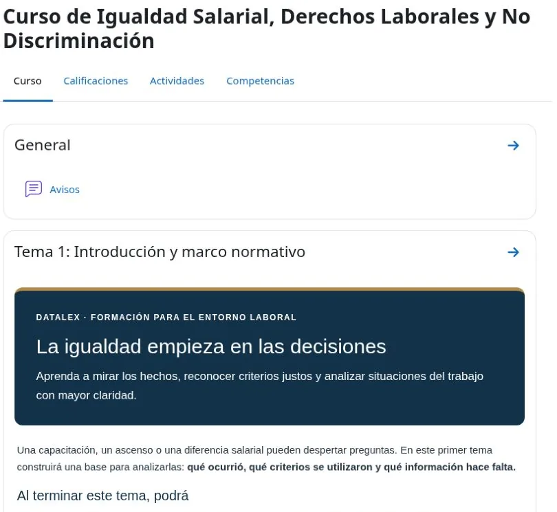 Página del curso con el Tema 1: Introducción y marco normativo